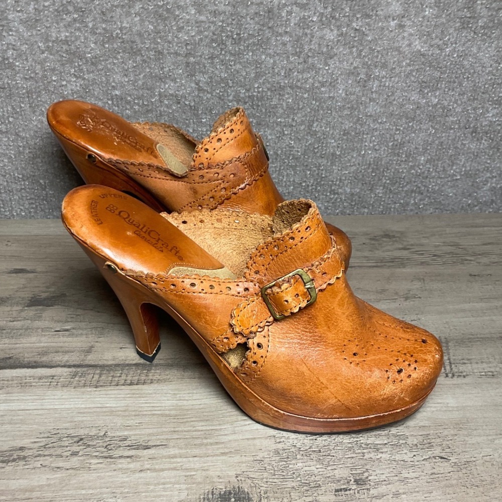 QuailCraft Vintage Brown Leather Wooden Clog Mule Women's Size 7.5/38 Boho Y2K - Picture 3 of 10